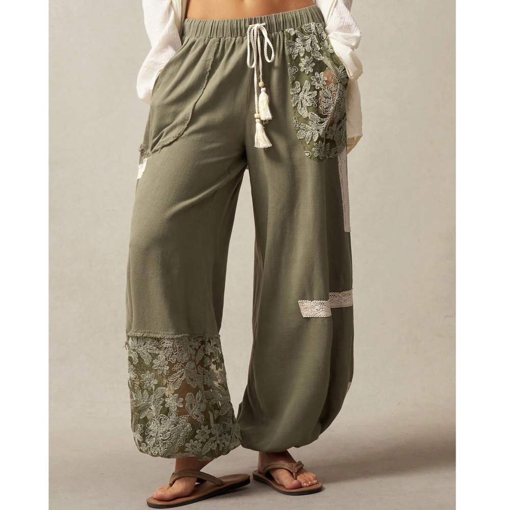 Boho Olive Green Stretchy Waist Floral Lace Jogger Pants